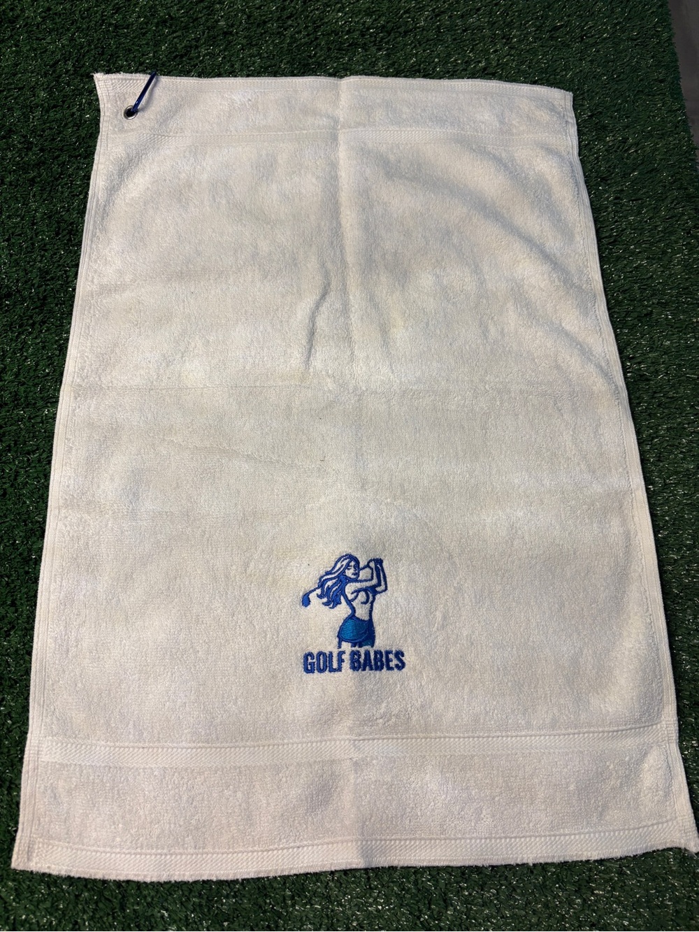 White Golf Towel with Blue Embroidered Logo and Clip- Golf Babes
